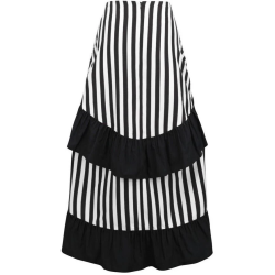 Black and White Striped Long High Low Skirt