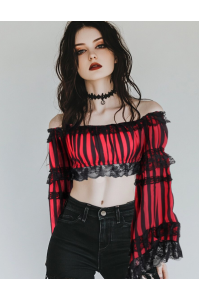 Red and Black Striped Cropped Peasant Top