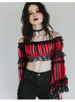 Red and Black Striped Cropped Peasant Top