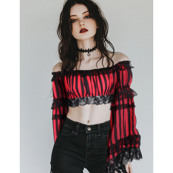 Red and Black Striped Cropped Peasant Top