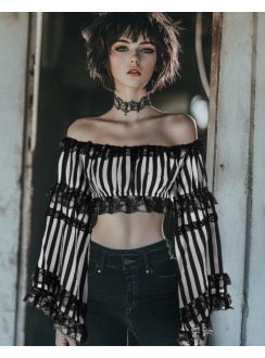 Black & White Striped Cropped Peasant Top