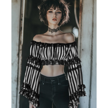 Black & White Striped Cropped Peasant Top