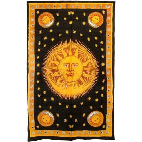 Gold Sun And Moon Cotton Wall Hanging - Wicca, Dorm, Bedspread