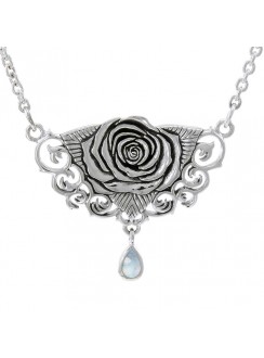 Sacred Rose Silver Necklace with Rainbow Moonstone