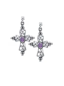 Gothic Cross Amethyst Earrings