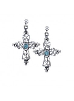 Gothic Cross Blue Topaz Earrings