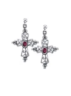 Gothic Cross Garnet Earrings