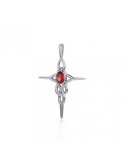 Modern Celtic Knotwork Cross Silver & Garnet Pendant