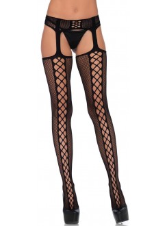 Dual Net Faux Lace Up Backseam Suspender Stockings