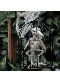 Skeleton Crow in Cage Creepy Prop