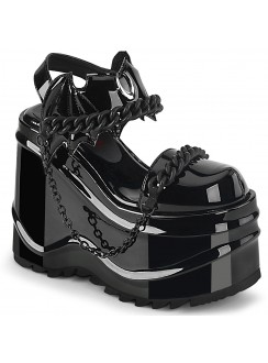 Wave Platform Black Patent Chained Bat Platform Sandal