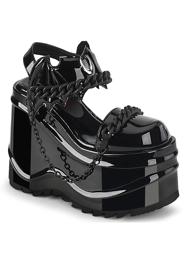 Wave Platform Black Patent Chained Bat Platform Sandal