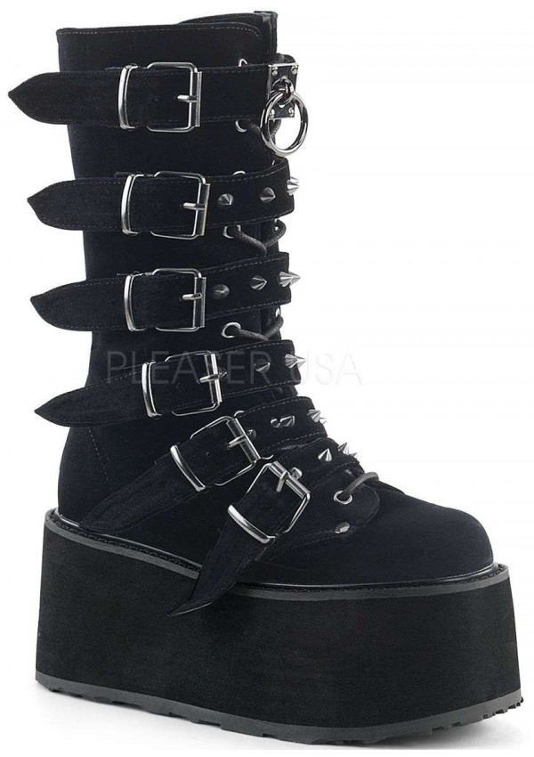 Damned Black Velvet Buckled Gothic Boots For Women Platform Goth Boots 2641