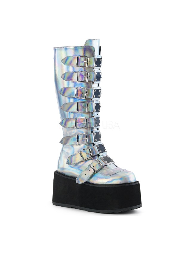 Damned Silver Hologram Gothic Knee Boots for Women