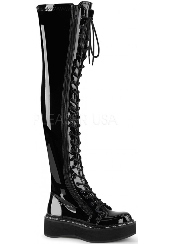 Emily Black Patent Low Heel Thigh High Gothic Boot Boots For Women