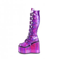 Swing Buckled Purple Hologram Womens Platform Boots