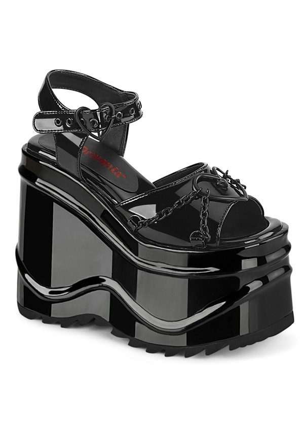 Wave Platform Black Patent Heart Buckled Platform Sandal