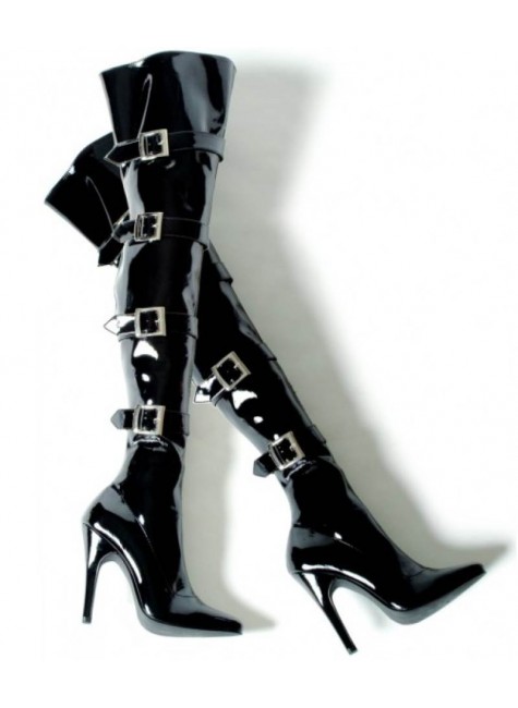 Buckle Up Black Patent Over the Knee Thigh Boot - 5 Inch High Heel