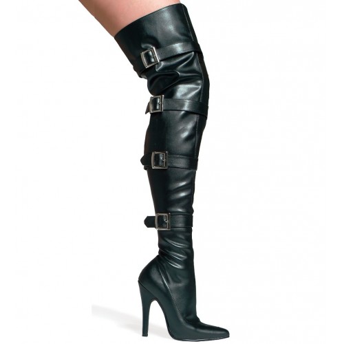 Buckle Up Black Faux Leather Over the Knee Thigh Boot 5 Inch High Heel