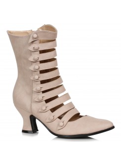 Victorian Open Front Low Heeled Ankle Boots - Beige