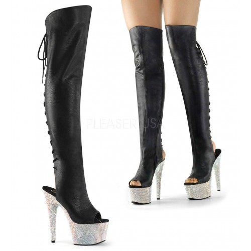 Bejeweled Black Peep Toe and Heel Thigh Hight Boots Sexy Boots