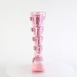 Buckled Heart Shield Pink Gothic Wedge Knee Boots