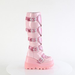 Buckled Heart Shield Pink Gothic Wedge Knee Boots