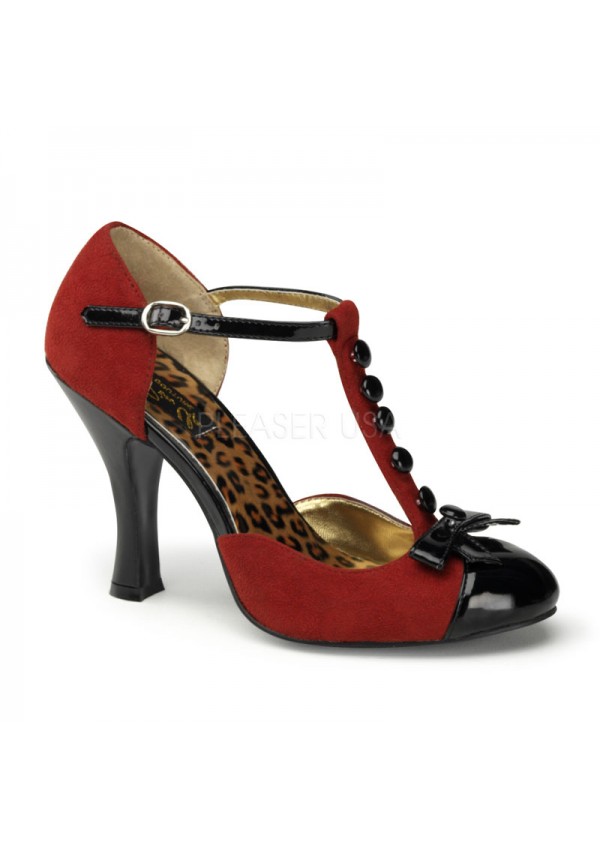 Button T-Strap Red Suede DOrsay Pump