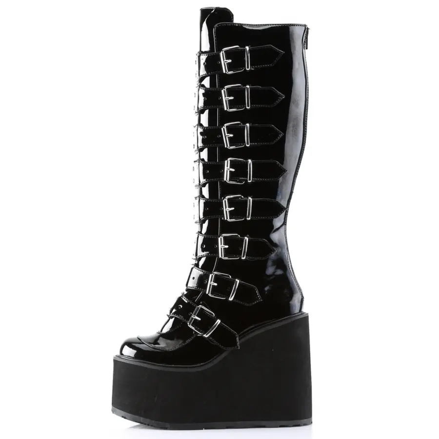 Swing Buckled Womens Platform Boots - Gothic Knee Boots with Metal Plates