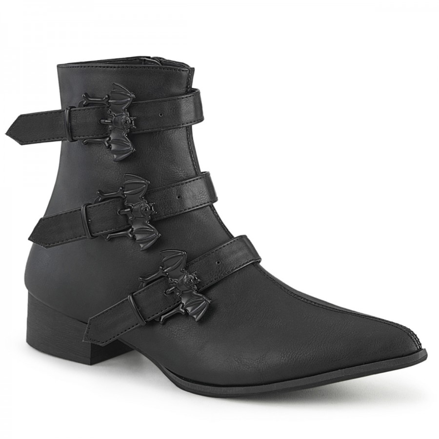 Men's Warlock-50-B Winklepicker Ankle Boots | Black Faux Leather | Bat ...