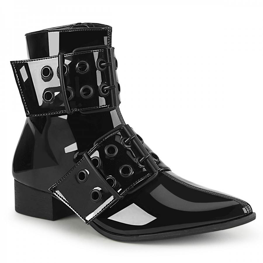 Warlock Men's Winklepicker Faux Black Patent Ankle Boot | Double ...