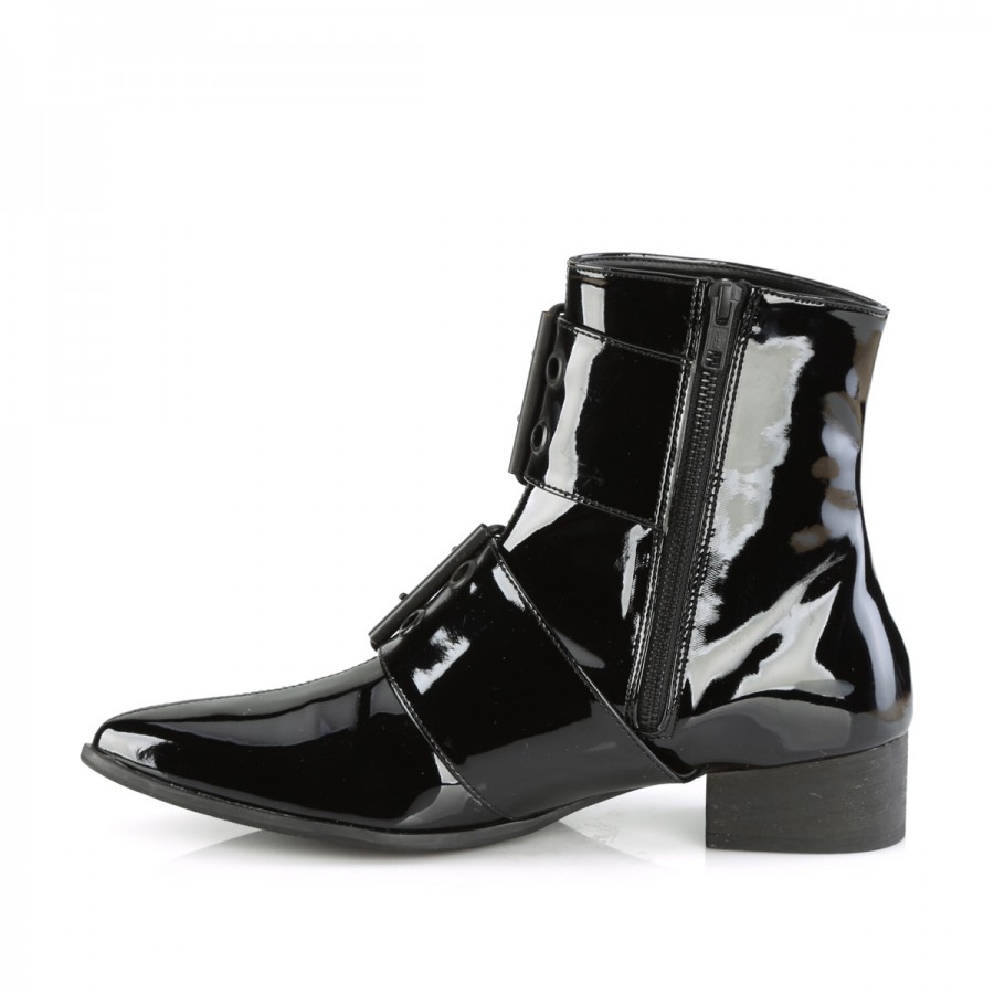 Warlock Men's Winklepicker Faux Black Patent Ankle Boot | Double ...